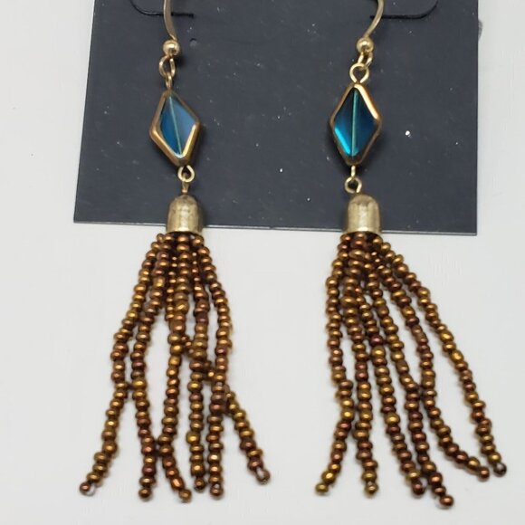Women's Old Gold-tone - Brown Beads Fringed Drop Dangle Earrings with Blue Stone - Picture 2 of 6